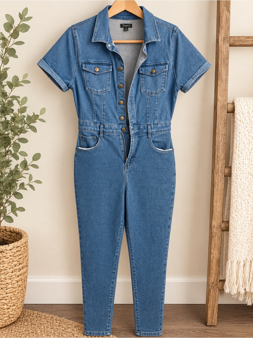 Denim Short-Sleeve Kids One-Piece Jumpsuit - Blue